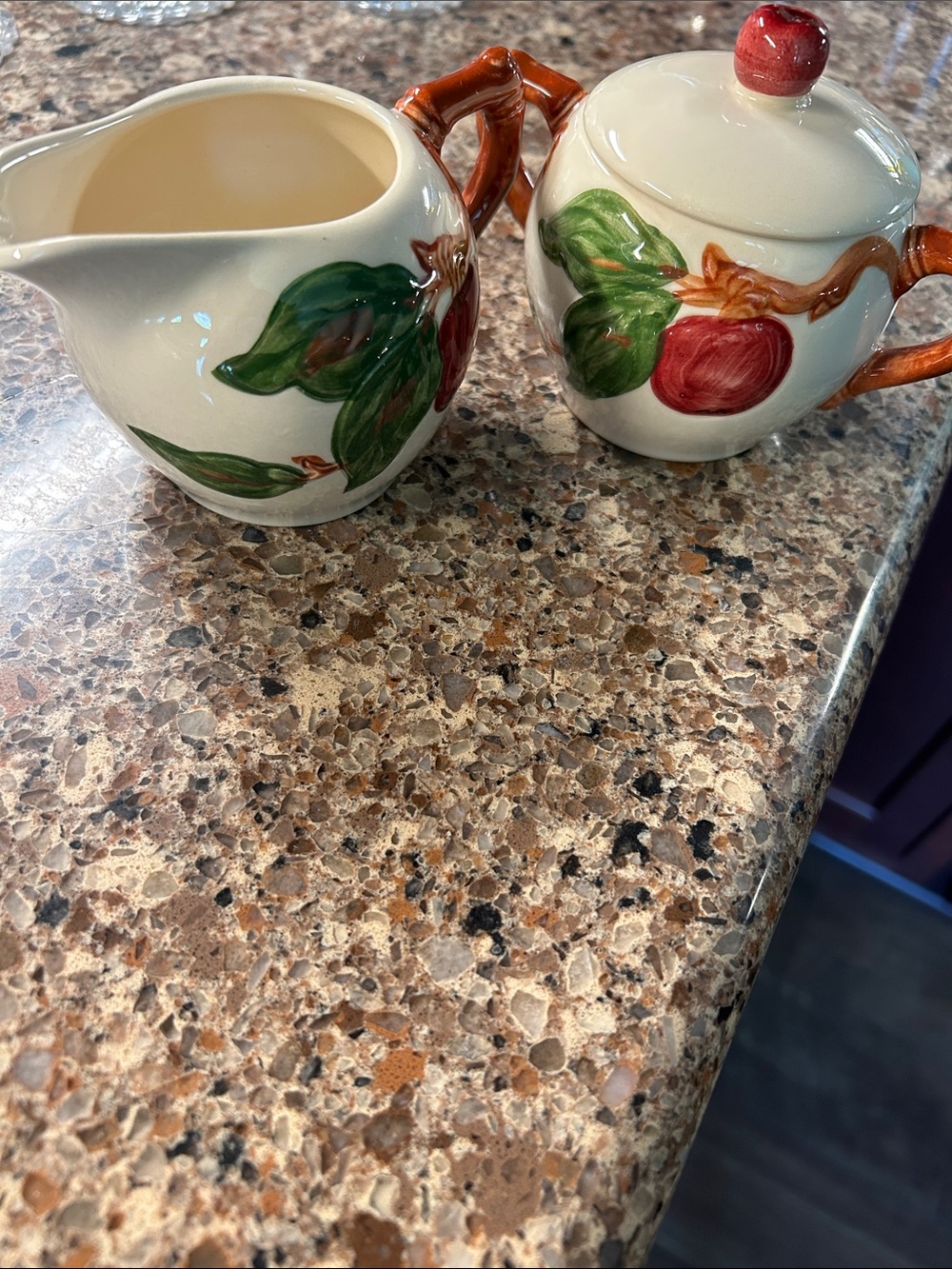 Franciscan Cream Ceramic Creamer and Sugar with Red Apple and Green Leaf Design